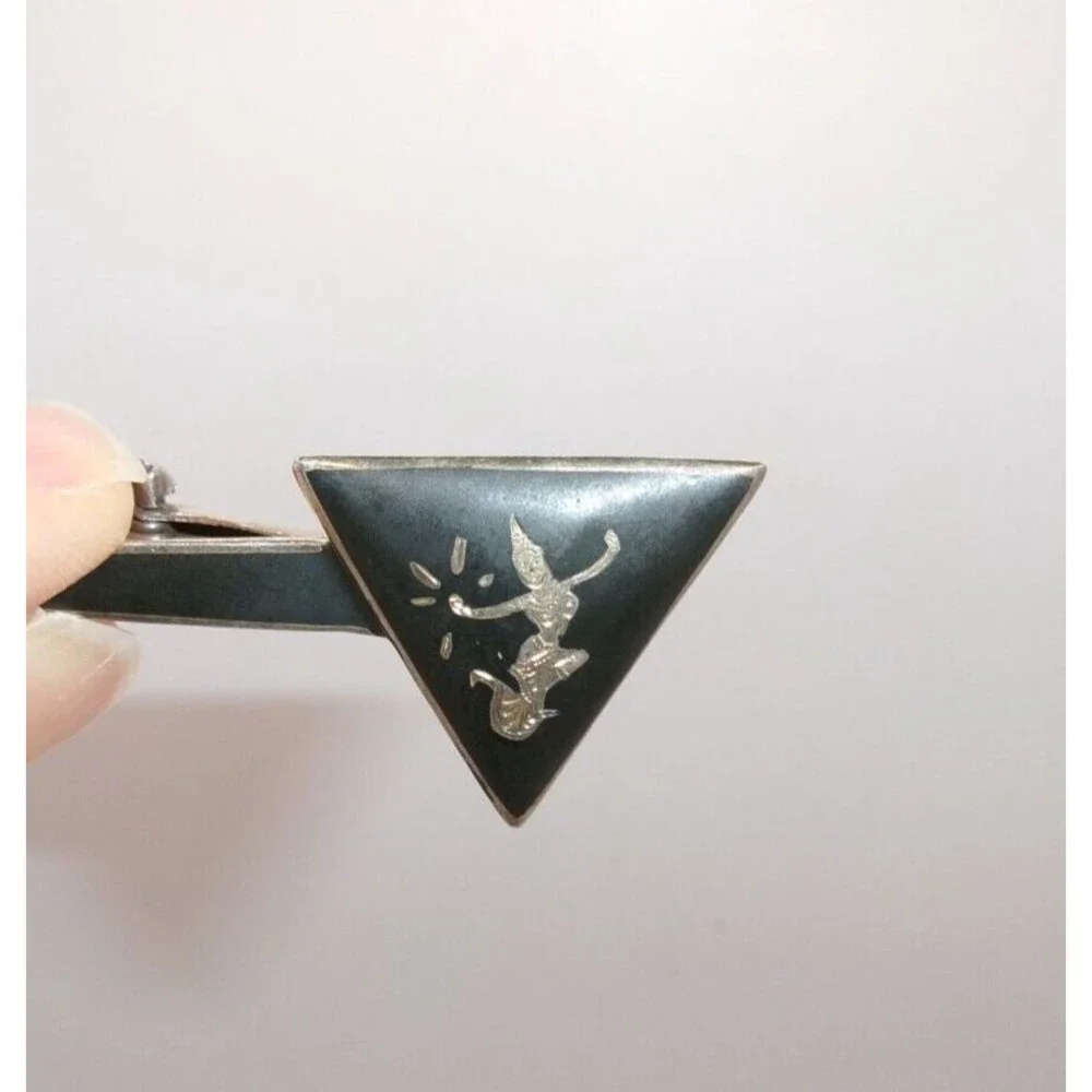 Vintage SIAM Sterling Cufflinks & Tie Clip Bali Dancer Black & Silver Triangles